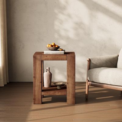 19.69" Solid Wood Side Table, Farmhouse 2-Tier End Table with Storage Shelves, Rustic Brown