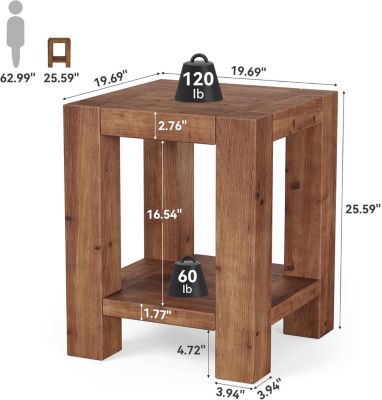 19.69" Solid Wood Side Table, Farmhouse 2-Tier End Table with Storage Shelves, Rustic Brown