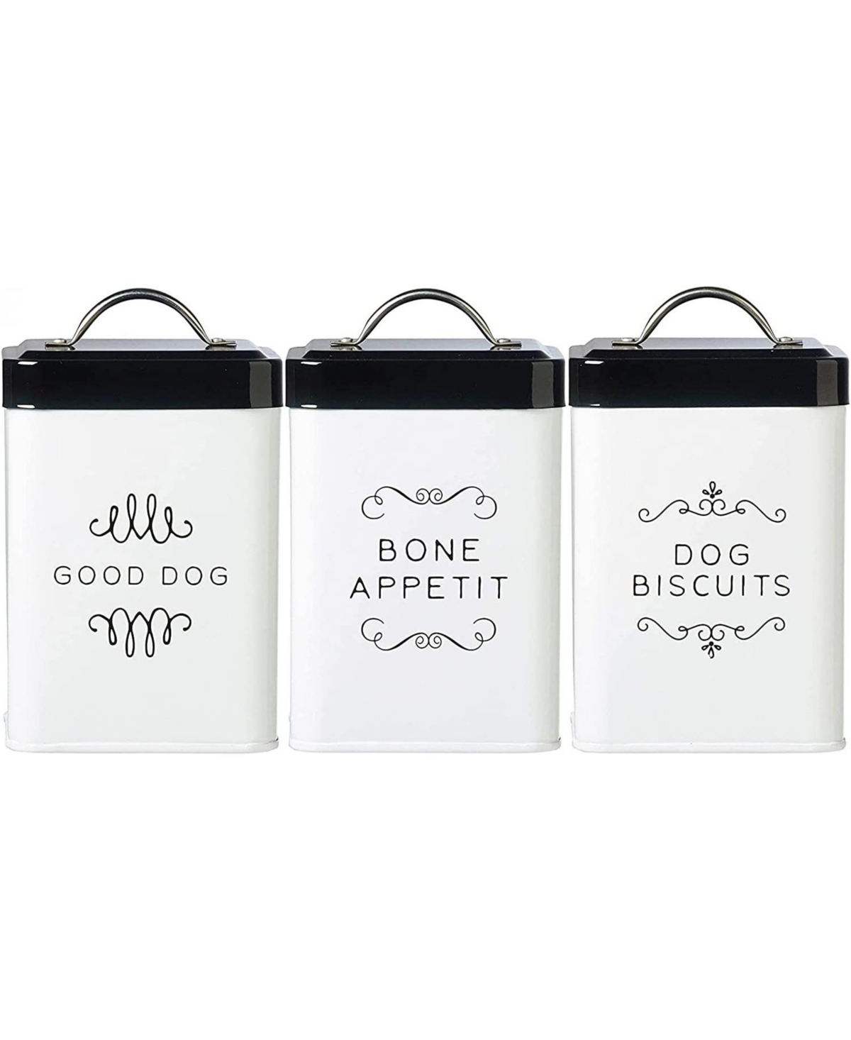 Sparky Metal Storage Treats Canister, 36 oz., Set of 3, Bone Appetit, Dog Biscuits & Good Dog, White & Black Push Top Lid - White