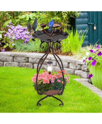 Solar Outdoor Bird Bath Feeder Combo with Flower Planter Pedestal and Solar Lights
