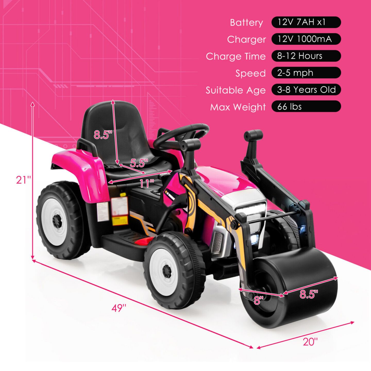 Детская игрушка Slickblue 12V Road Roller 2.4G Remote Control Ride-On, 66 lbs Capacity, 3–8 лет, цвет: Розовый — фото 8