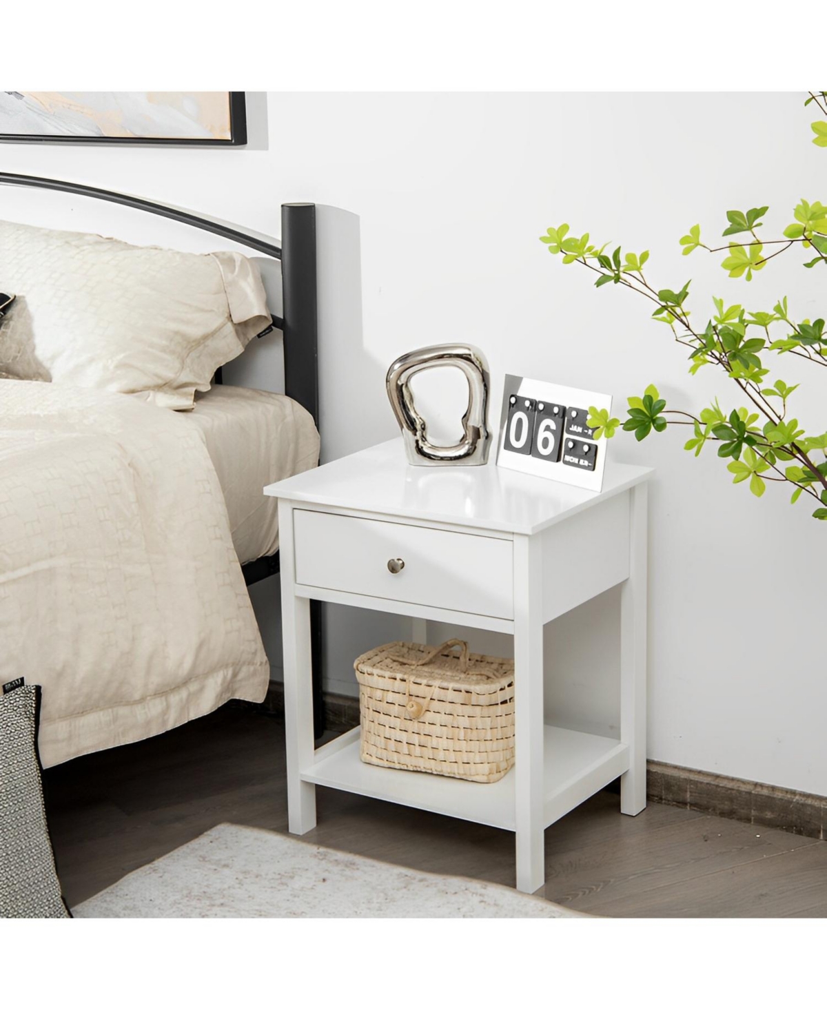 Sugift Wooden Storage Shelf Nightstands with Drawer for Bedroom and Living Room- White