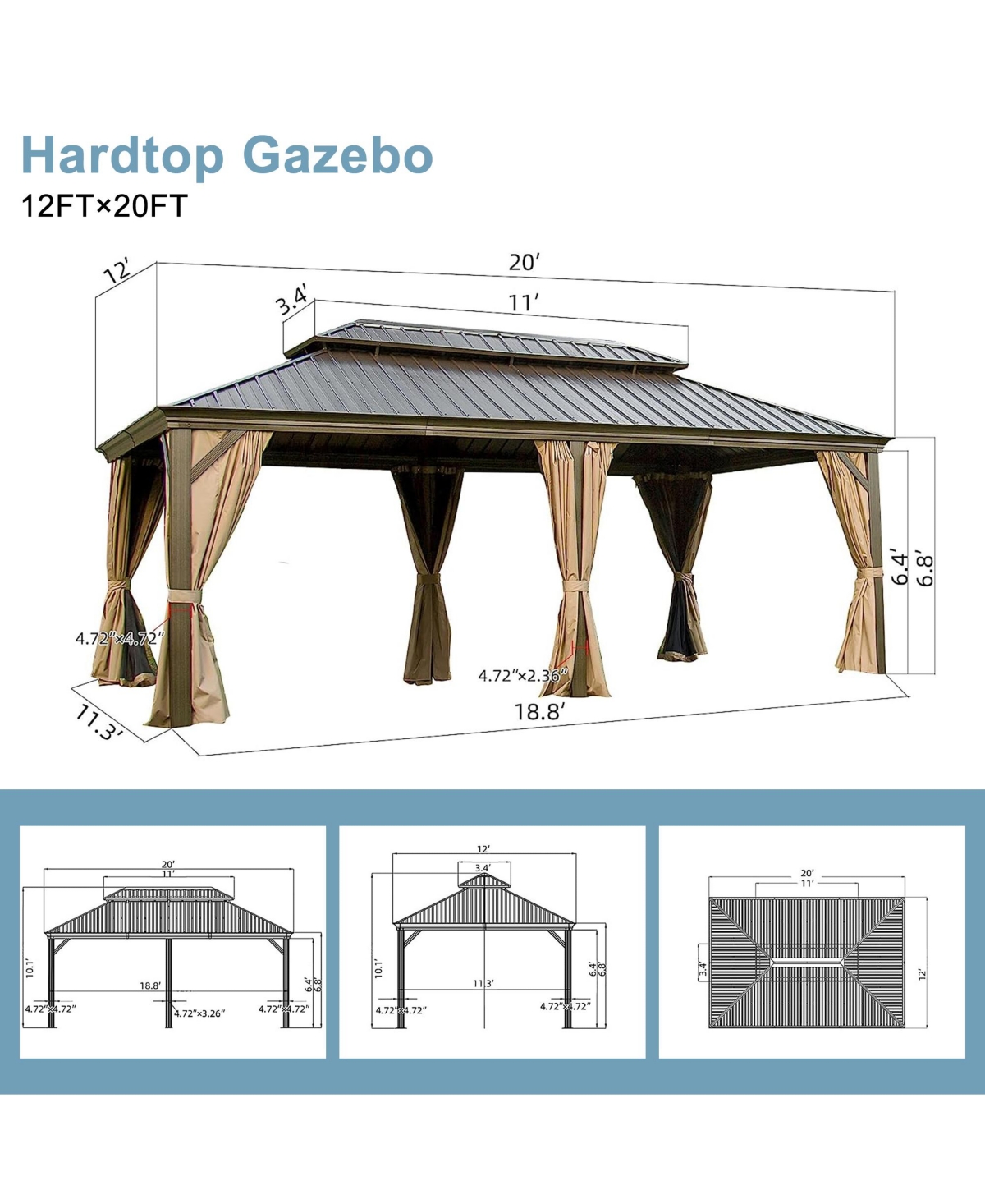 Mondawe 12x20ft Hardtop Gazebo, Outdoor Aluminum Frame Canopy with Galvanized Steel Double Roof, Outdoor Permanent Metal Pavilion with Curtains and Ne