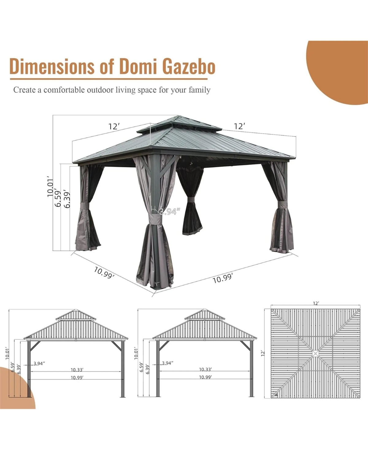 Mondawe 12 x 12ft Outdoor Gazebo, Hardtop Aluminum Metal Gazebo with Galvanized Steel Double Roof Canopy, Curtain and Netting for Patio, Backyard, Dec