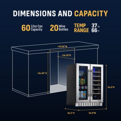 24 Inch Premium Built-in Dual Zone 20 Bottle and 60 Can French Door Wine and Beverage Fridge in Stainless Steel with SplitShelf