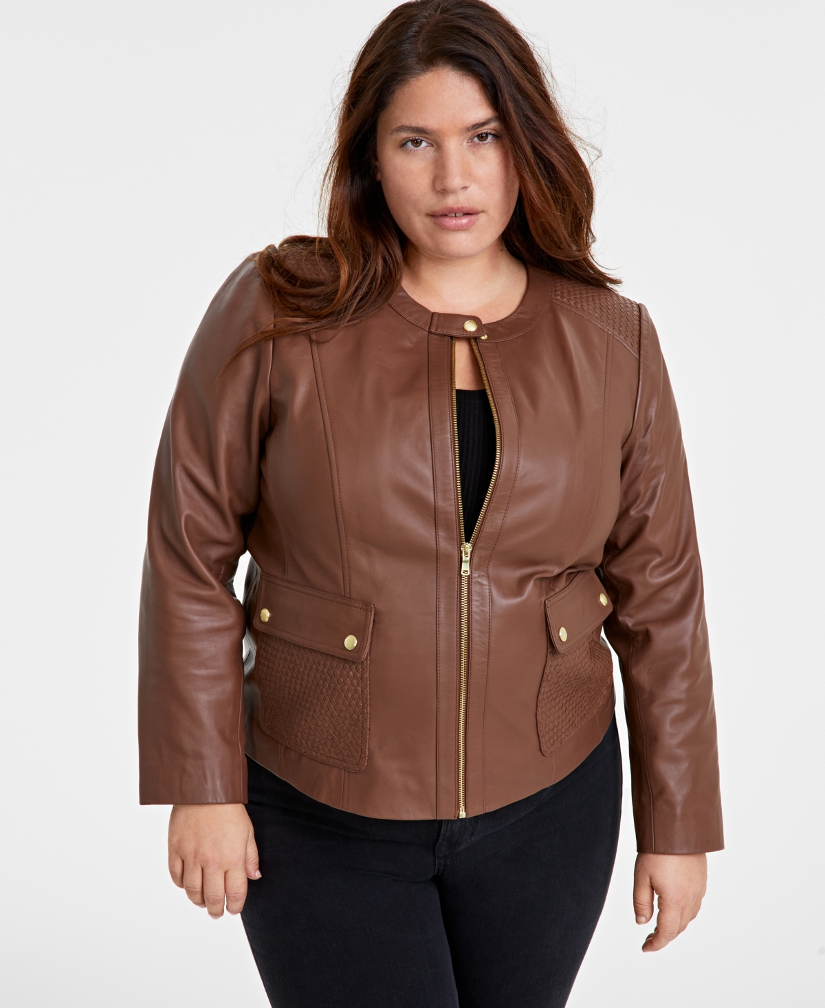 Cole Haan Plus Size Leather Woven-Shoulder Coat