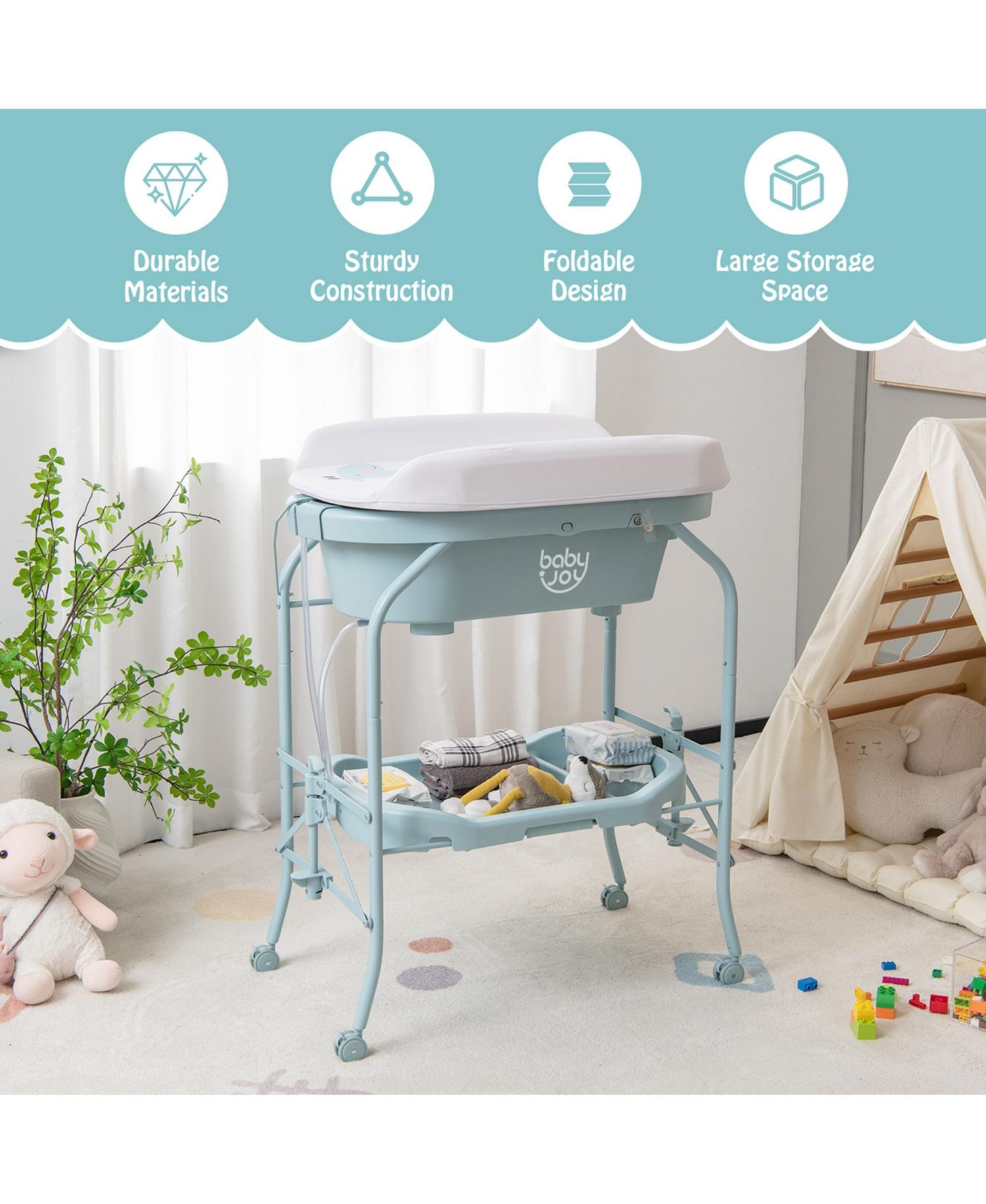 Baby Changing Table with Bathtub, Folding Diaper Station with Wheels