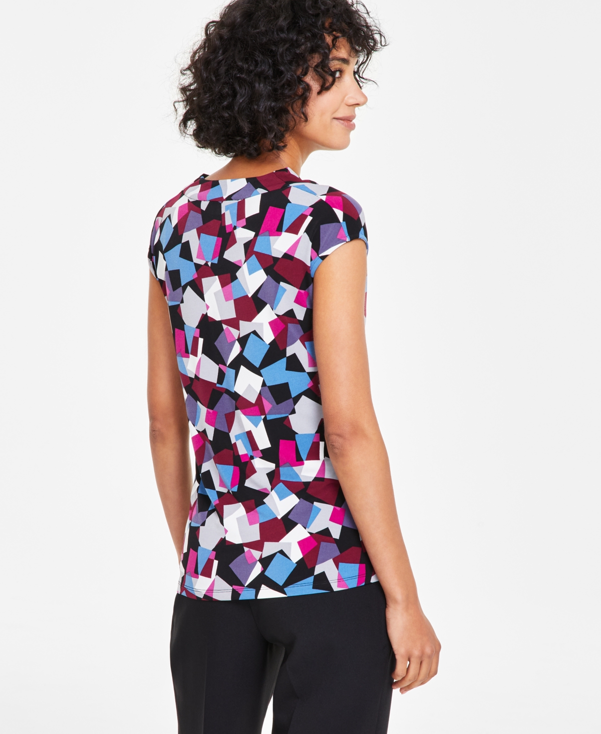 Kasper Petite Cowlneck Abstract-Print Knit Top -Cerise Multi