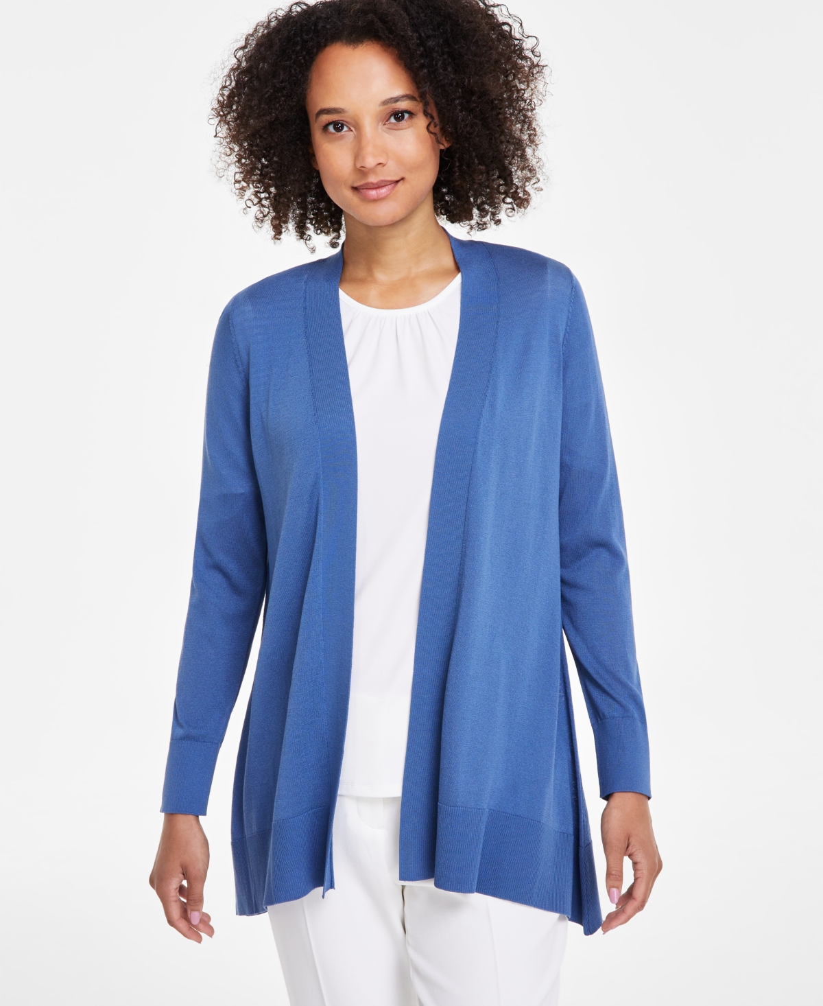 Kasper Women s Open Front Long Cardigan Blue Heron Smart Closet
