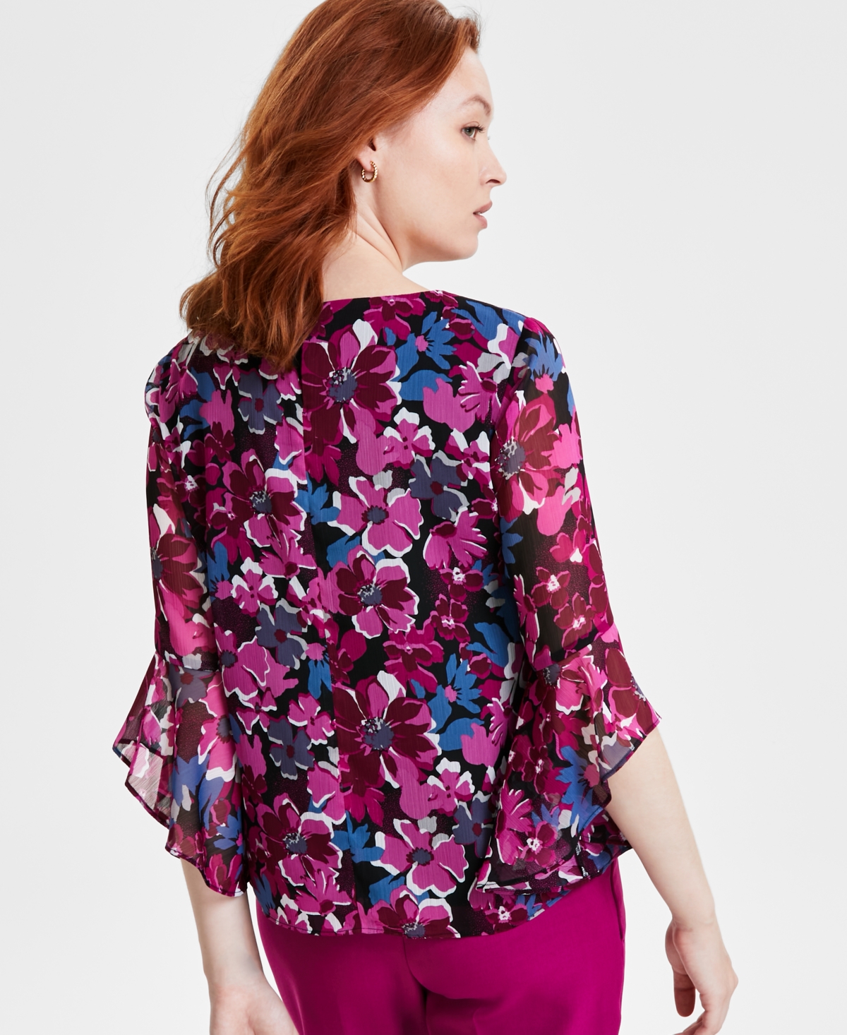Kasper Women's Floral-Print Ruffle-Sleeve Blouse -Cerise Multi