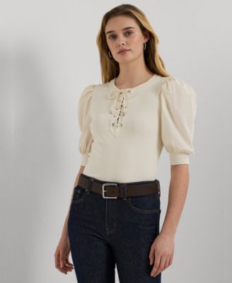 Lauren Ralph Lauren - Petite Lace-Up Stretch Cotton Puff-Sleeve Top