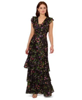 Adrianna Papell - Women's Printed Flutter-Sleeve Tiered Gown