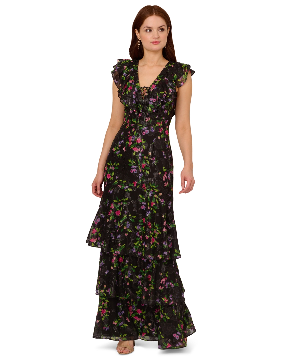 Women's Printed Flutter-Sleeve Tiered Gown - Black Multi