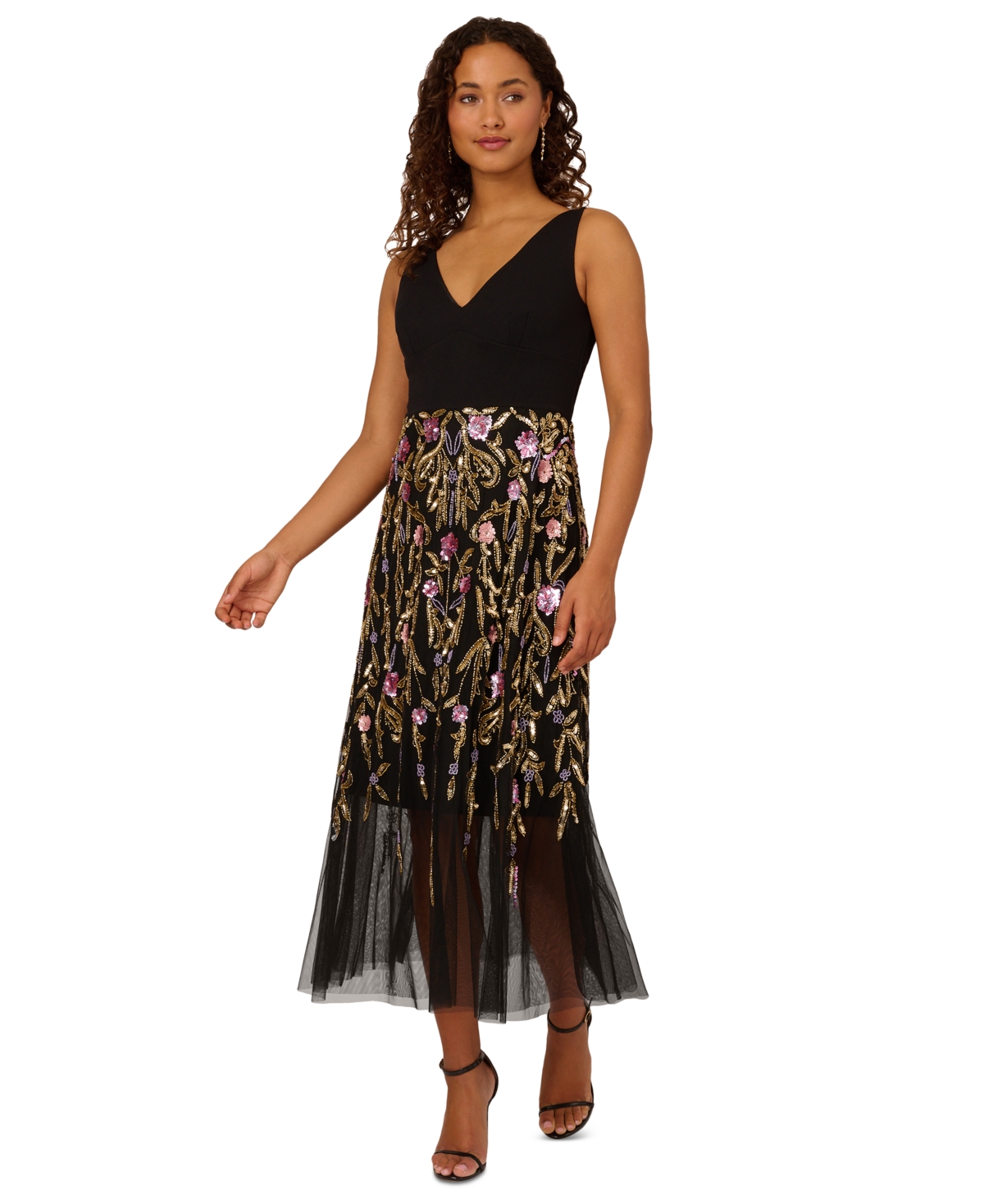 Women's V-Neck Embellished-Floral Dress - Black Multi