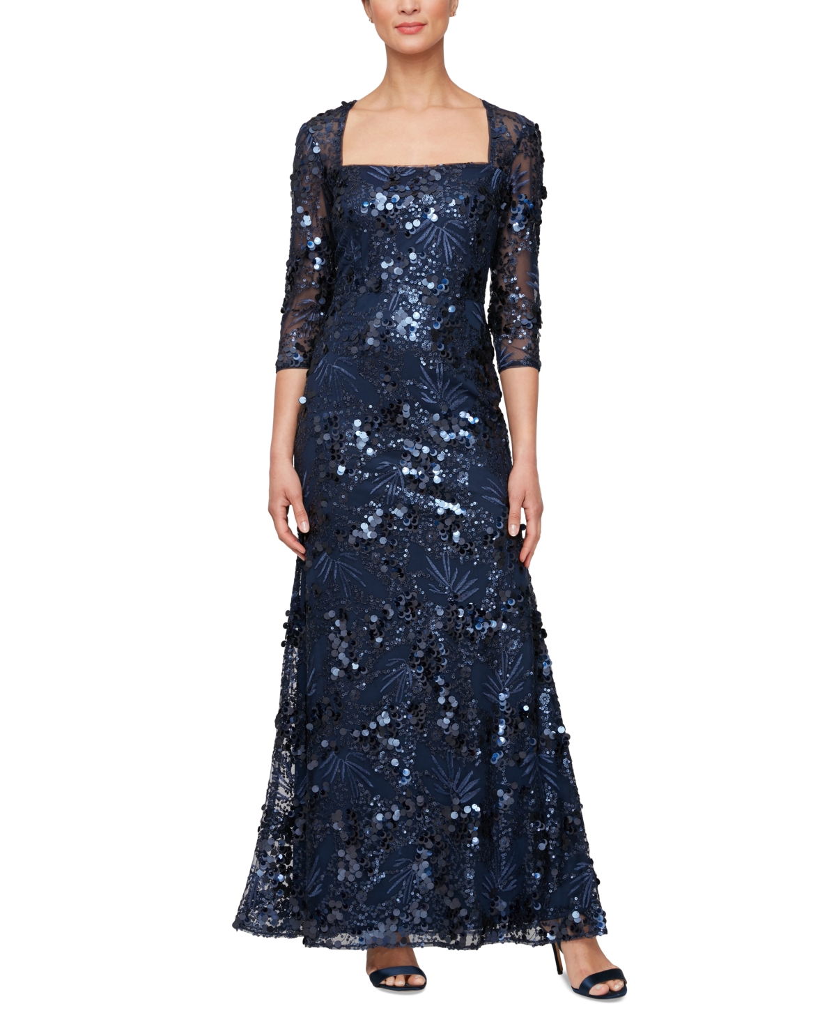 Women's Sequin Embellished Square-Neck 3/4-Sleeve Gown - Navy