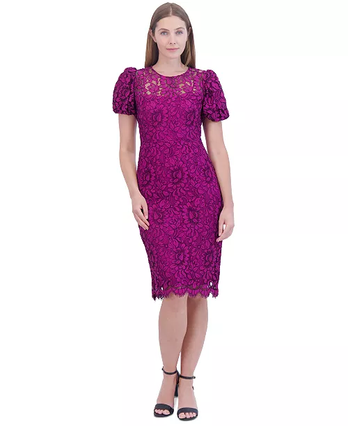 women's boat-neck puff sleeve sheath dress