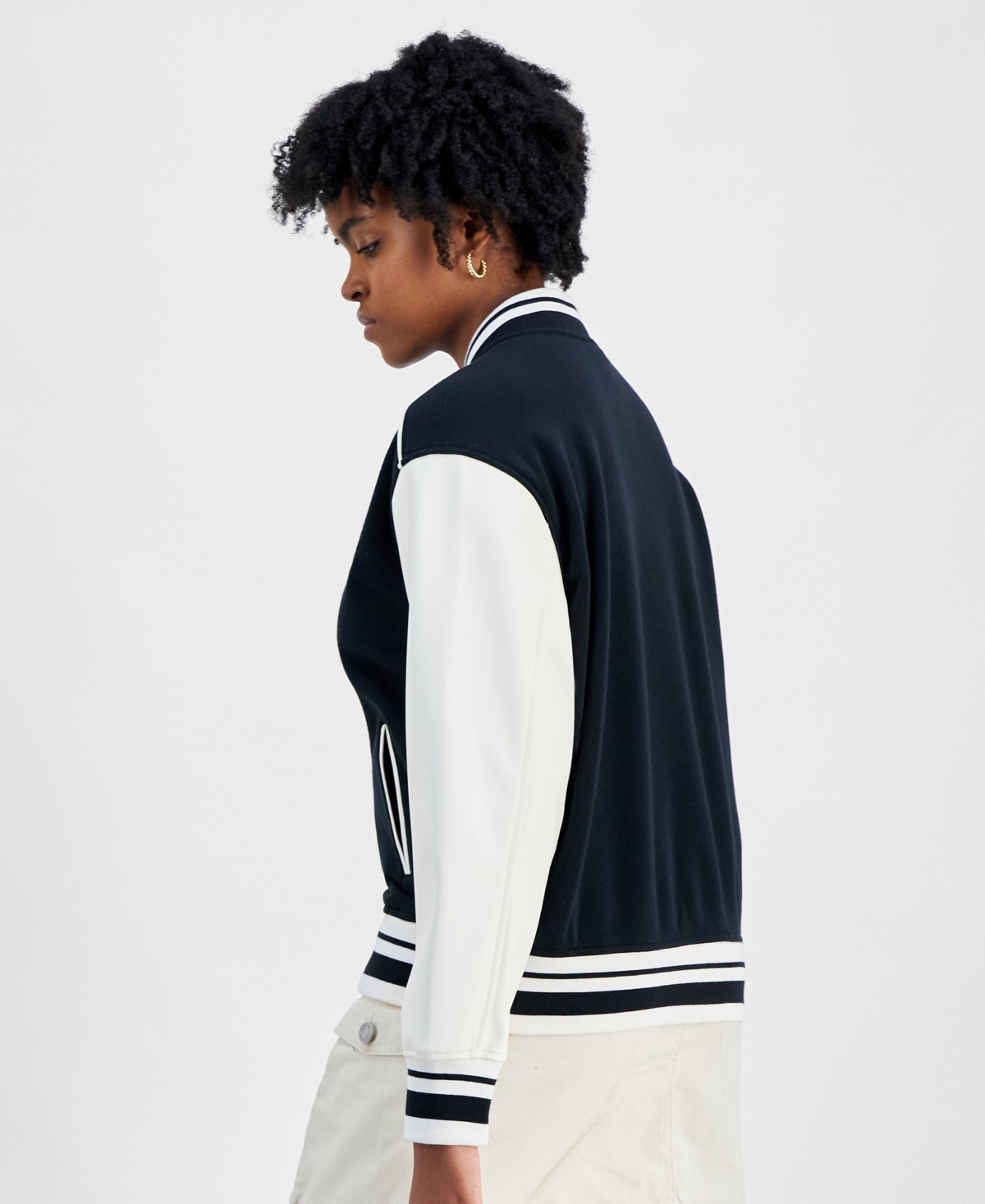 Hippie Rose Juniors' Faux-Leather-Sleeve Snap-Front Varsity Bomber Jacket -White