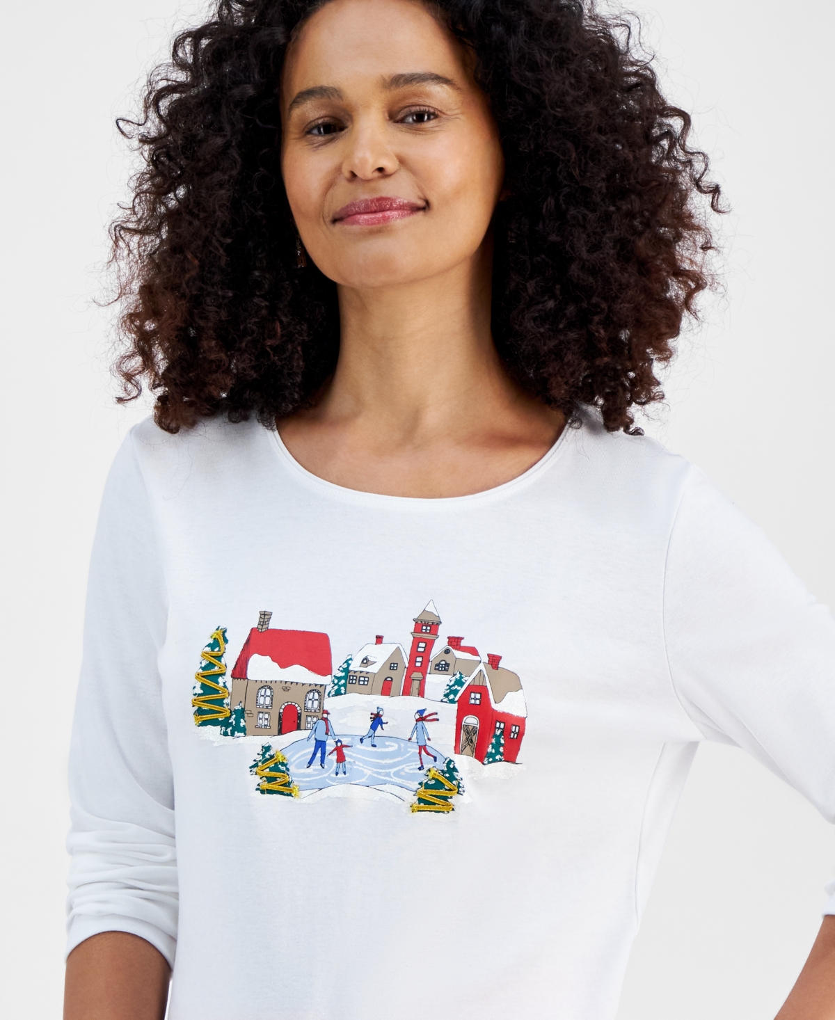 Holiday Lane Petite Long-Sleeve Graphic-Print T-Shirt, Created for Macy's