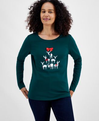 Holiday Lane - Women's  Deer Celebration Long-Sleeve Top, Created for Macy's