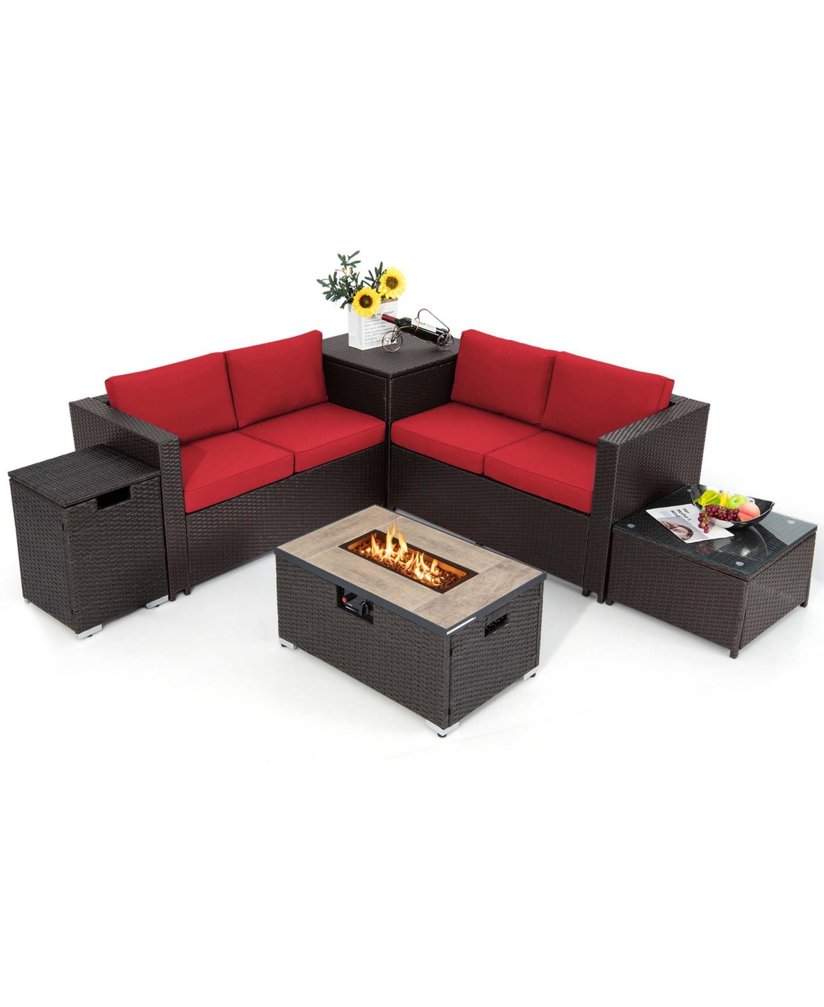 Costway 6PCS Patio Rattan Furniture Set 32'' Fire Pit Table Tank Holder with Cover