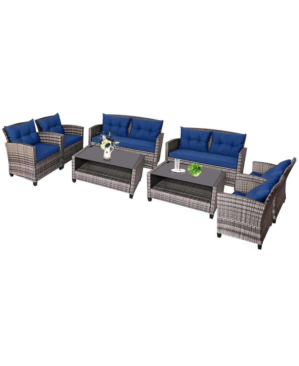 Costway 8 Pcs Patio Rattan Furniture Set Coffee Table Cushioned Sofa Garden Lawn- Navy