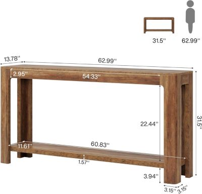 63 Inch Entryway Console Table, 2-Tier Farmhouse Narrow Sofa Table Behind Couch, Accent Entrance Console Furniture, Rustic Brown