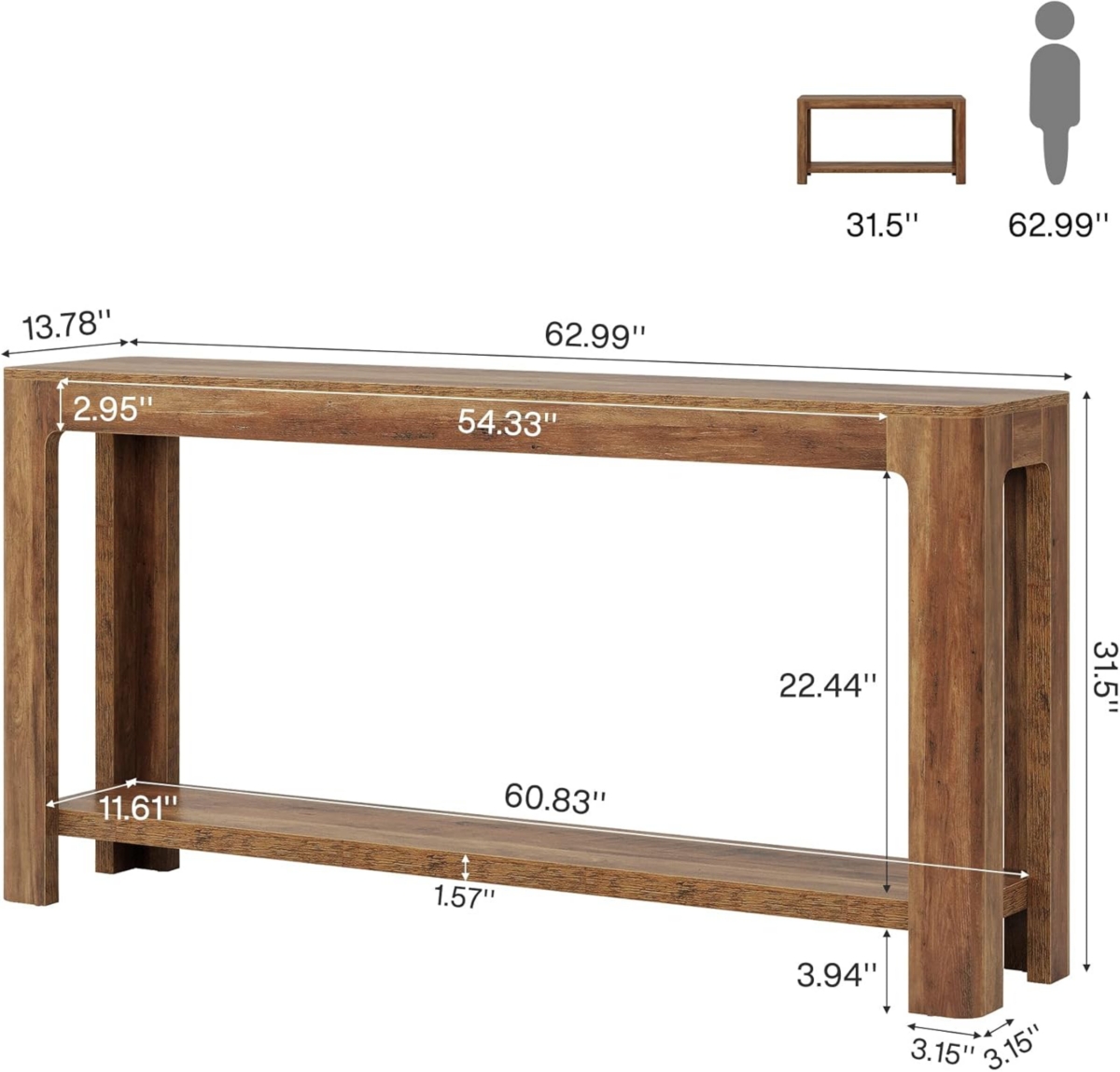 Tribesigns 63 Inch Entryway Console Table, 2-Tier Farmhouse Narrow Sofa Table Behind Couch, Accent Entrance Console Furniture, Rustic Brown