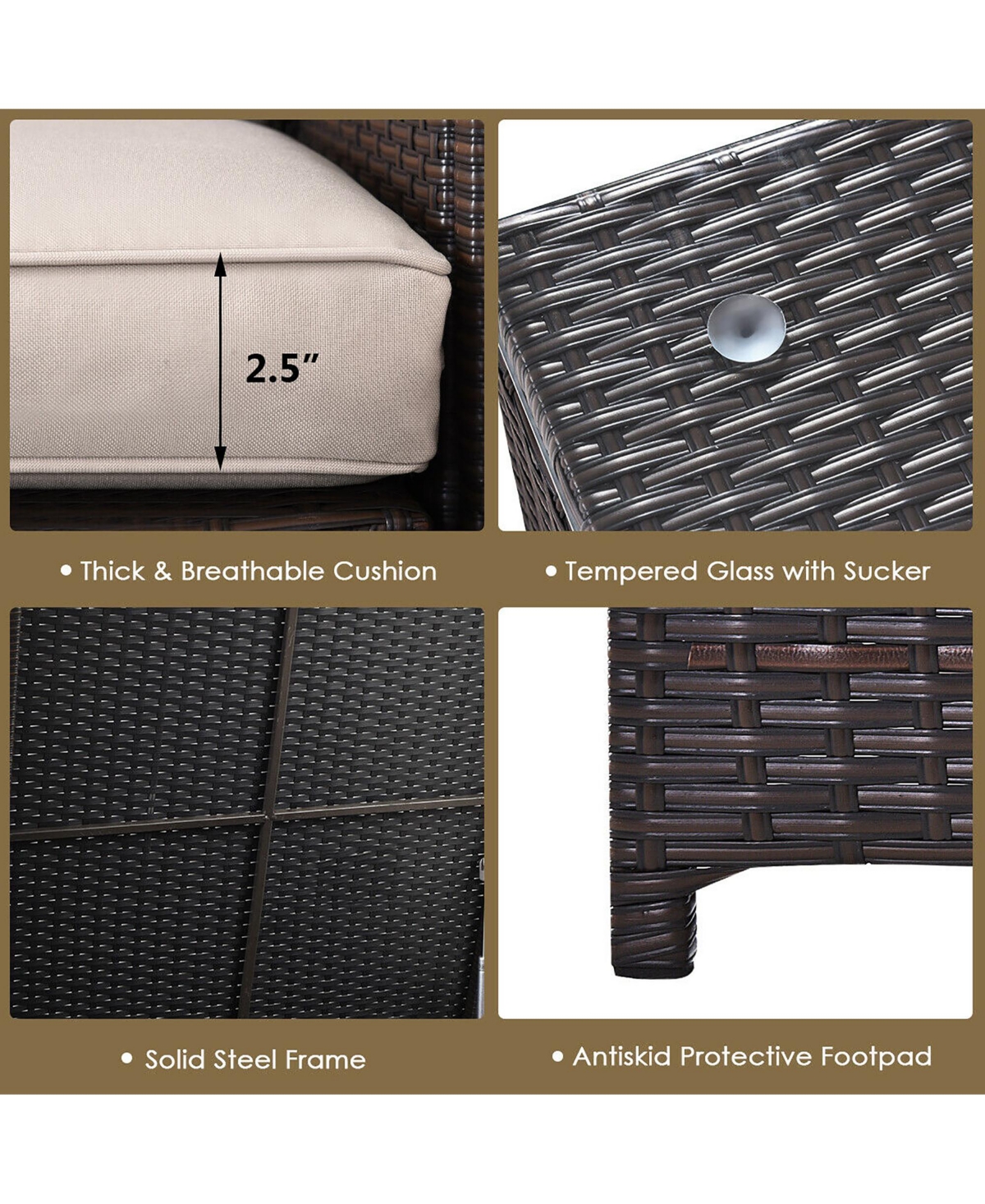 Costway 8PCS Outdoor Patio Rattan Furniture Set Cushioned Loveseat Storage Table -khaki