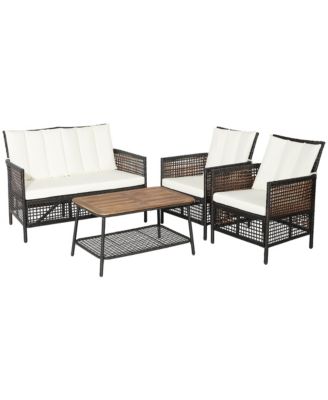 8PCS Patio Rattan Furniture Set Cushioned Chairs Wood Table Top W/Shelf
