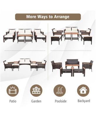 7PCS Patio Rattan Furniture Set Cushioned Loveseat Sofa Ottoman Table