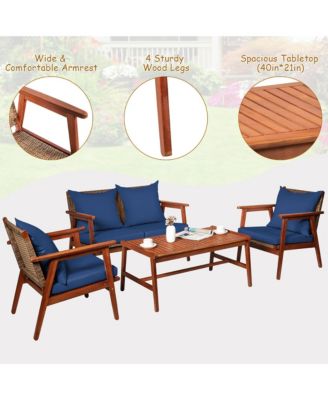 8PCS Patio Rattan Furniture Set Acacia Wood Frame Cushioned Sofa Chair Navy