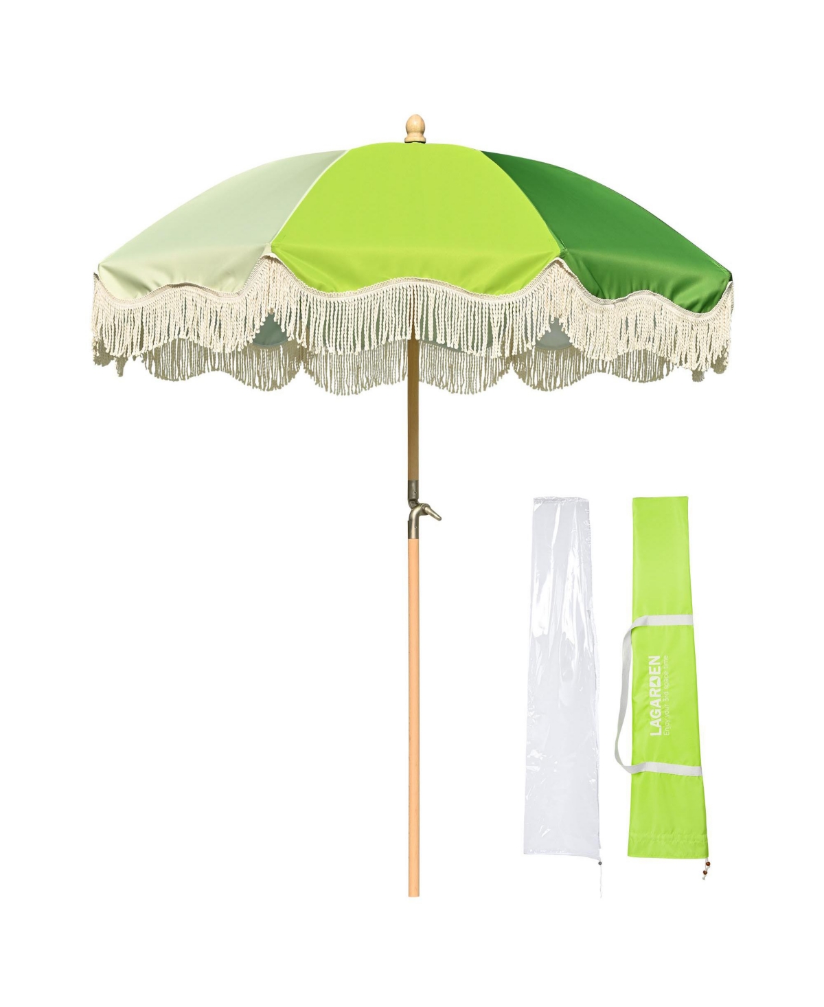 6Ft Fringe Patio Umbrella with Tassels & Carry Bag 50 / 60s Vintage Style Umbrella Wood Green,Model: PS6-04 - Green