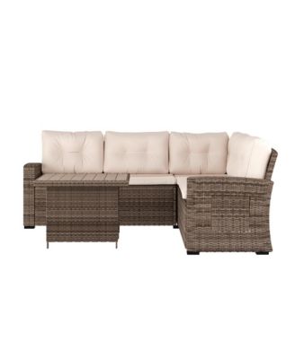 Shelton Indoor/Outdoor L-Shaped Sofa/Dining Table Conversation Set With Wicker Rattan Construction And Weather-Resistant Cushions