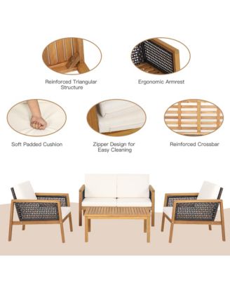 8PCS Patio Rattan Furniture Set Acacia Wood Cushioned Sofa