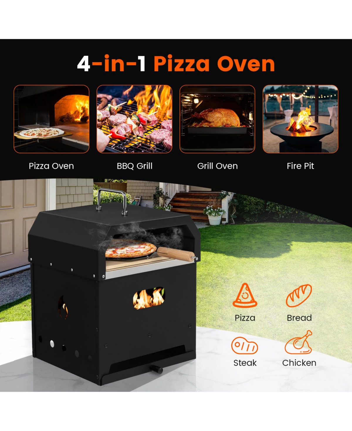 Slickblue 4-in-1 Outdoor Portable Pizza Oven with 12 Inch Pizza Stone