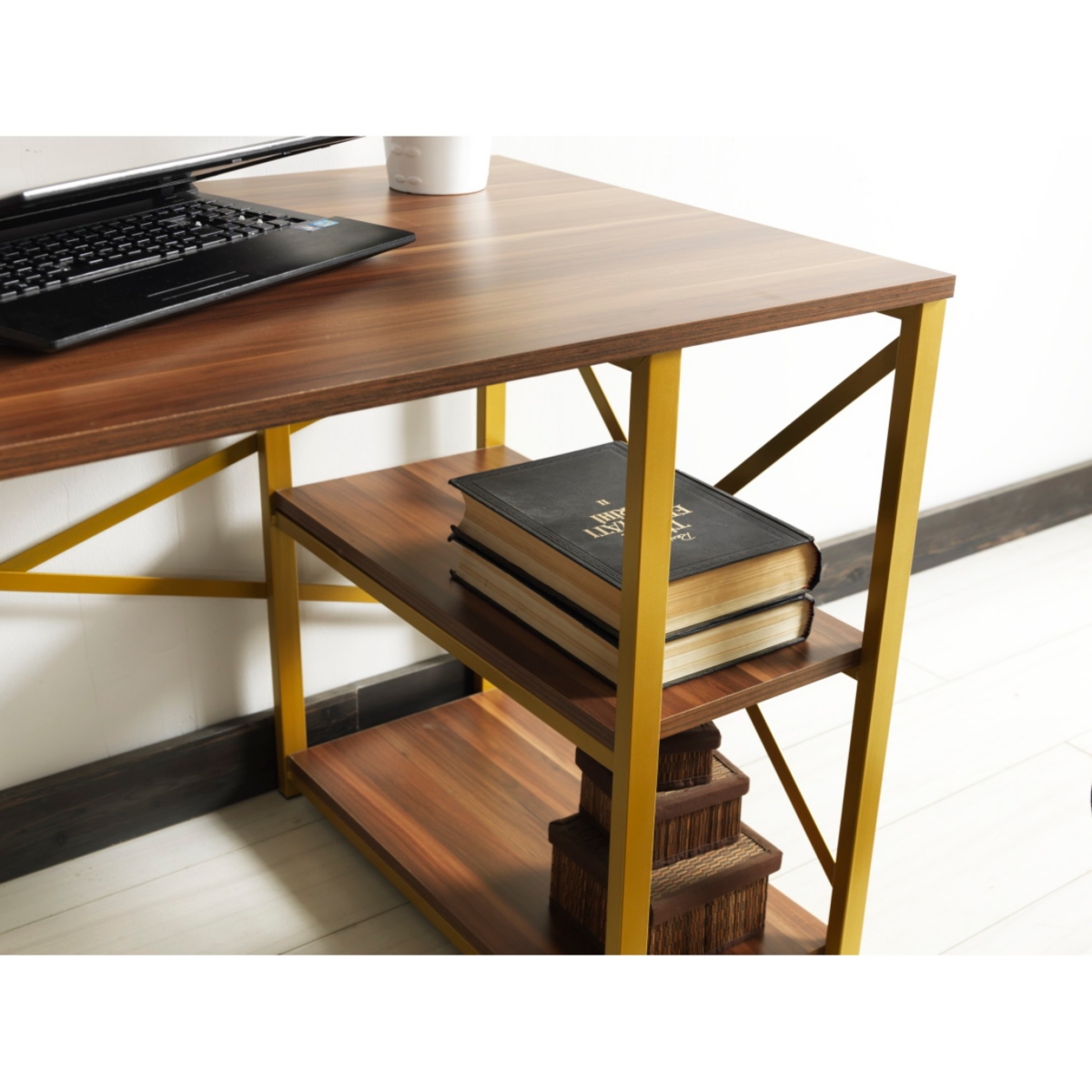 Streamdale Morello Gold Metal Frame Desk with Wooden Top
