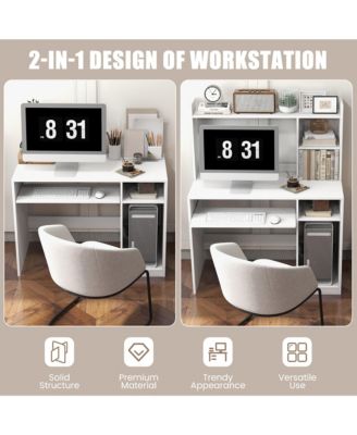 Computer Desk w/ Built-in Charge Station Wooden Writing Desk w/ Storage Hutch