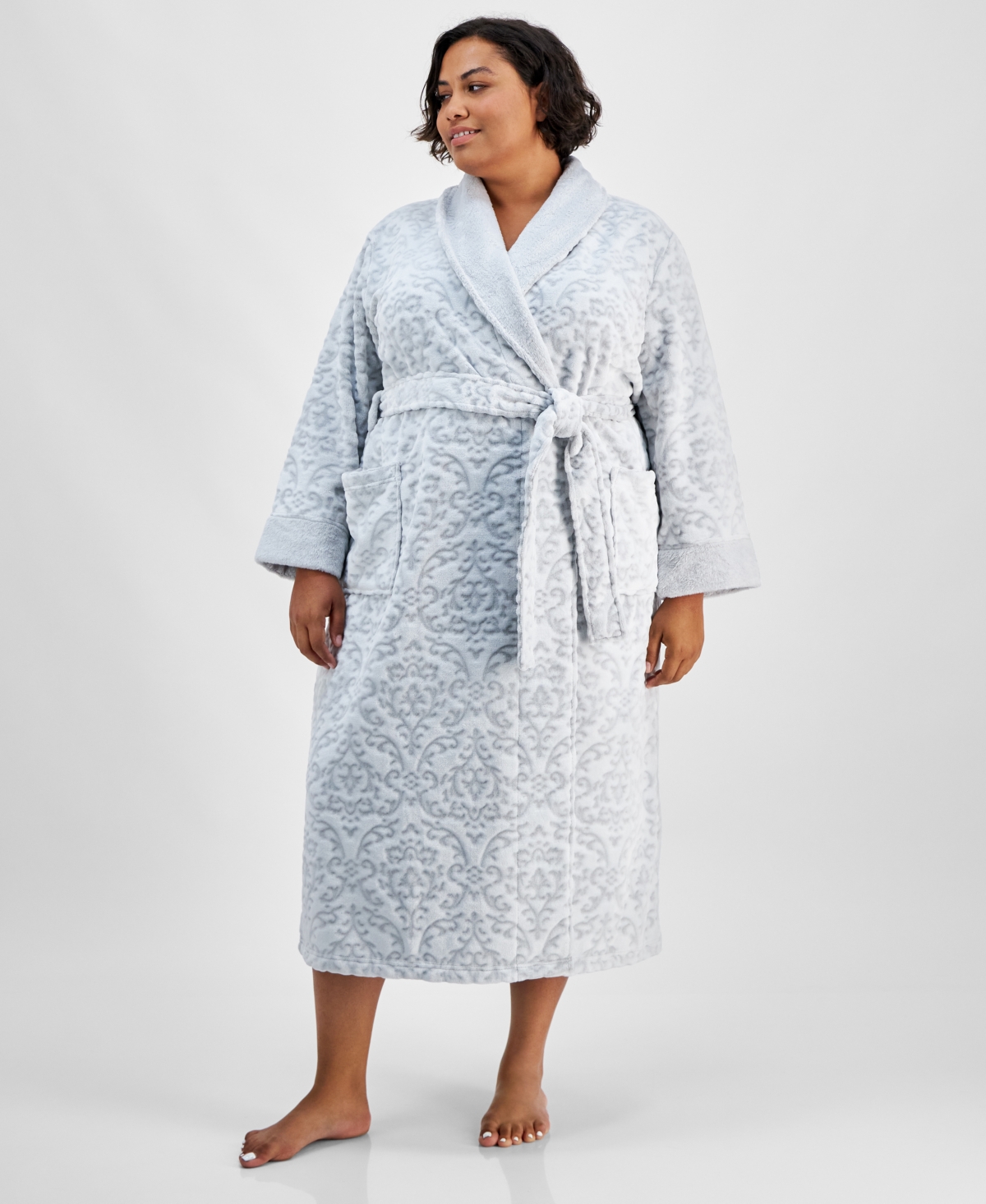 Charter Club Plus Size Long Embossed Plush Robe, Created For Macy's In Wallpaper Grey
