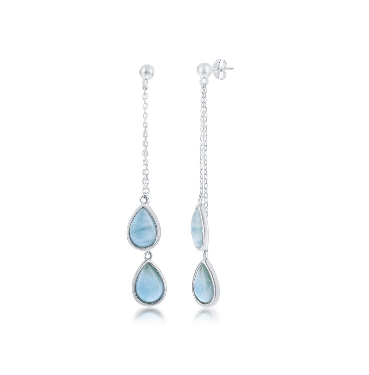 Sterling Silver Double Pear-Shaped Larimar Dangling Chain Earrings - Blue
