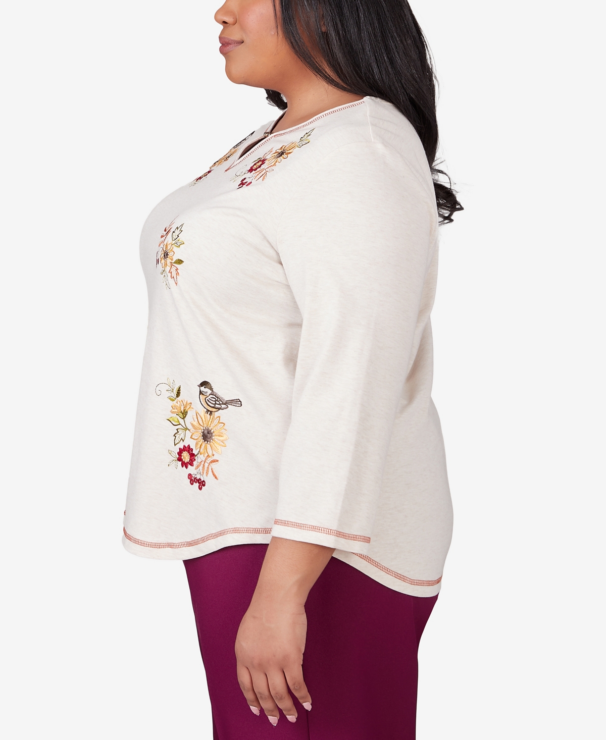 Alfred Dunner Alf Dunner Plus Size Classic Sunflowers And Birds Top In Oatmeal