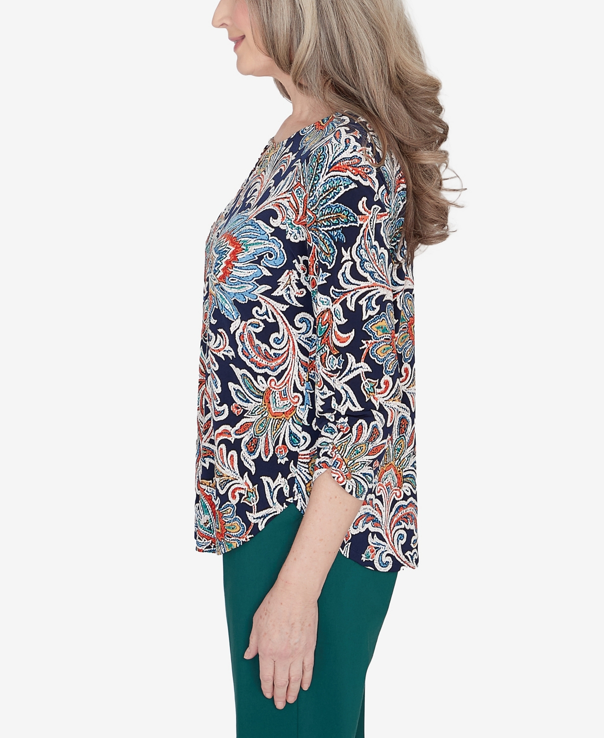 Alfred Dunner Classic Scroll Three Quarter Ruched Sleeves Top