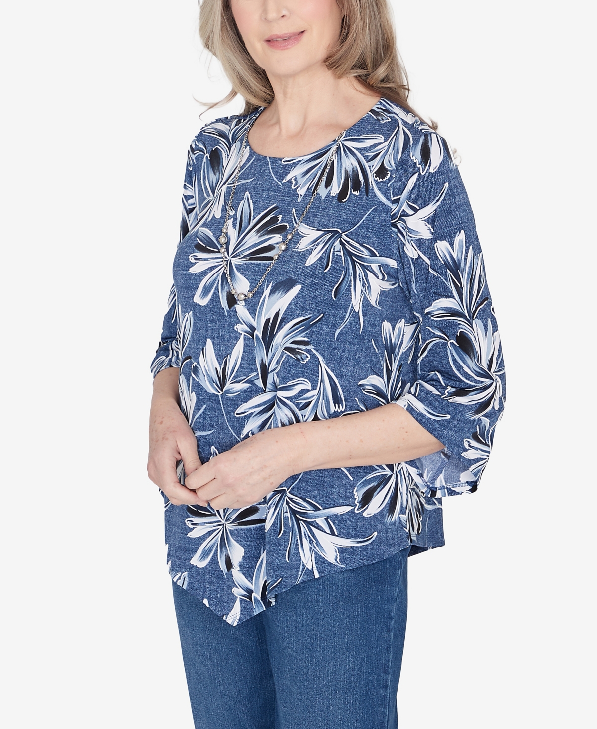 Alfred Dunner Classic Elegant Flower Top With Necklace In Denim