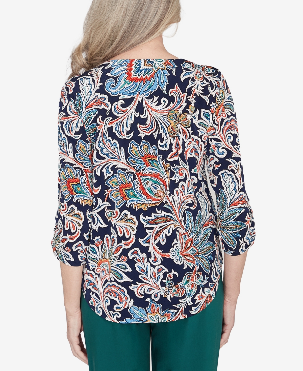Alfred Dunner Classic Scroll Three Quarter Ruched Sleeves Top