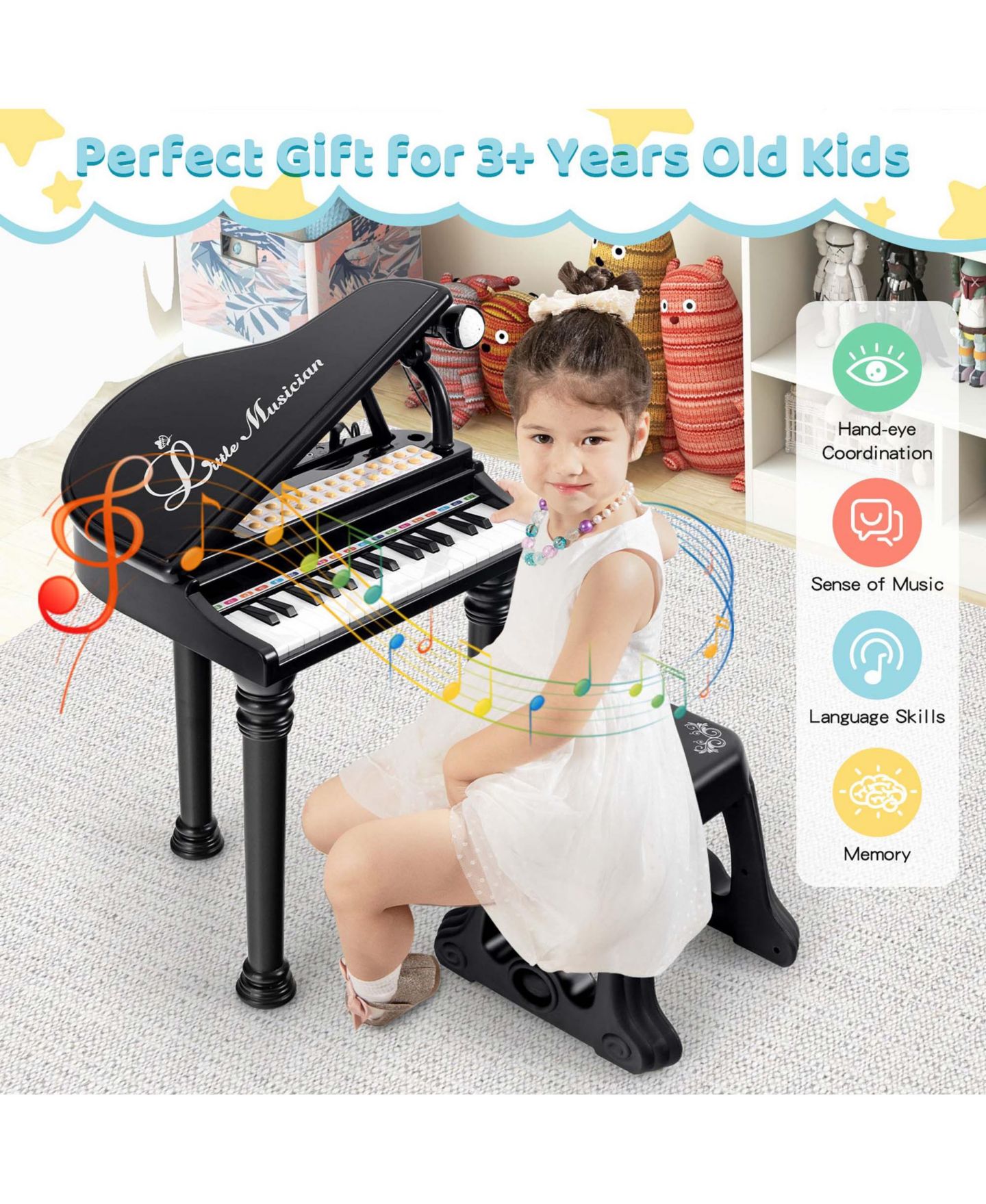 Детские игрушки Costway 31-Key Kids Piano Keyboard LED Teaching 3-Piece Set Musical Toy, Ages 3+, цвет: Чёрный — фото 5
