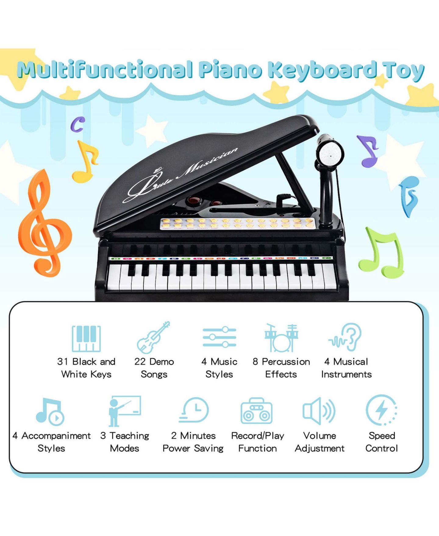 Детские игрушки Costway 31-Key Kids Piano Keyboard LED Teaching 3-Piece Set Musical Toy, Ages 3+, цвет: Чёрный — фото 9