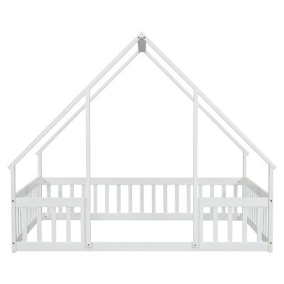Full Wood House-Shaped Floor Bed with Fence, Guardrails, White