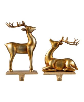 Set of 2 Gold Resin Standing Sitting Reindeer Stocking Holders