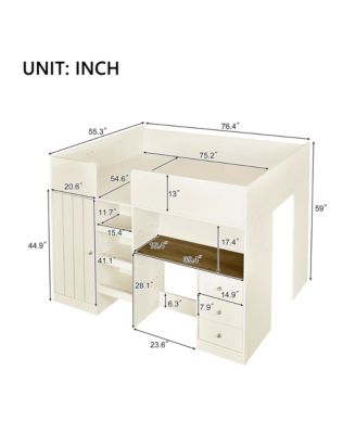  Full-Size Loft Bed with Wardrobe, Desk, Shelves, Drawers