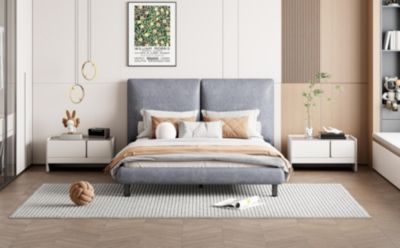 Streamdale Queen Platform Bed with Headrests, Beige Fabric