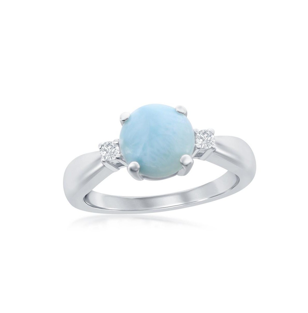 Sterling Silver Four-Prong Round Larimar with White Cz Side Stones Ring - Blue